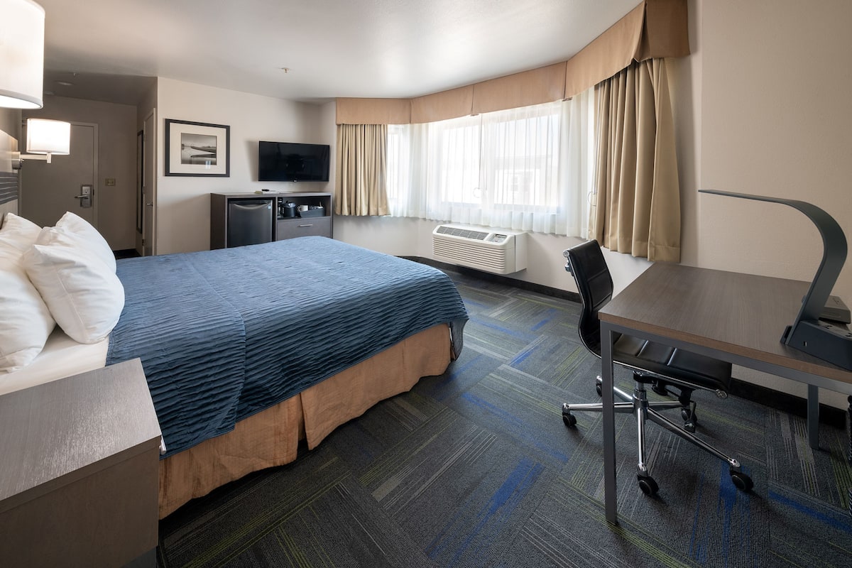 Une chambre d’hôtel équipée d’un lit, d’un bureau, d’une chaise, d’une télévision, d’un climatiseur et de rideaux.