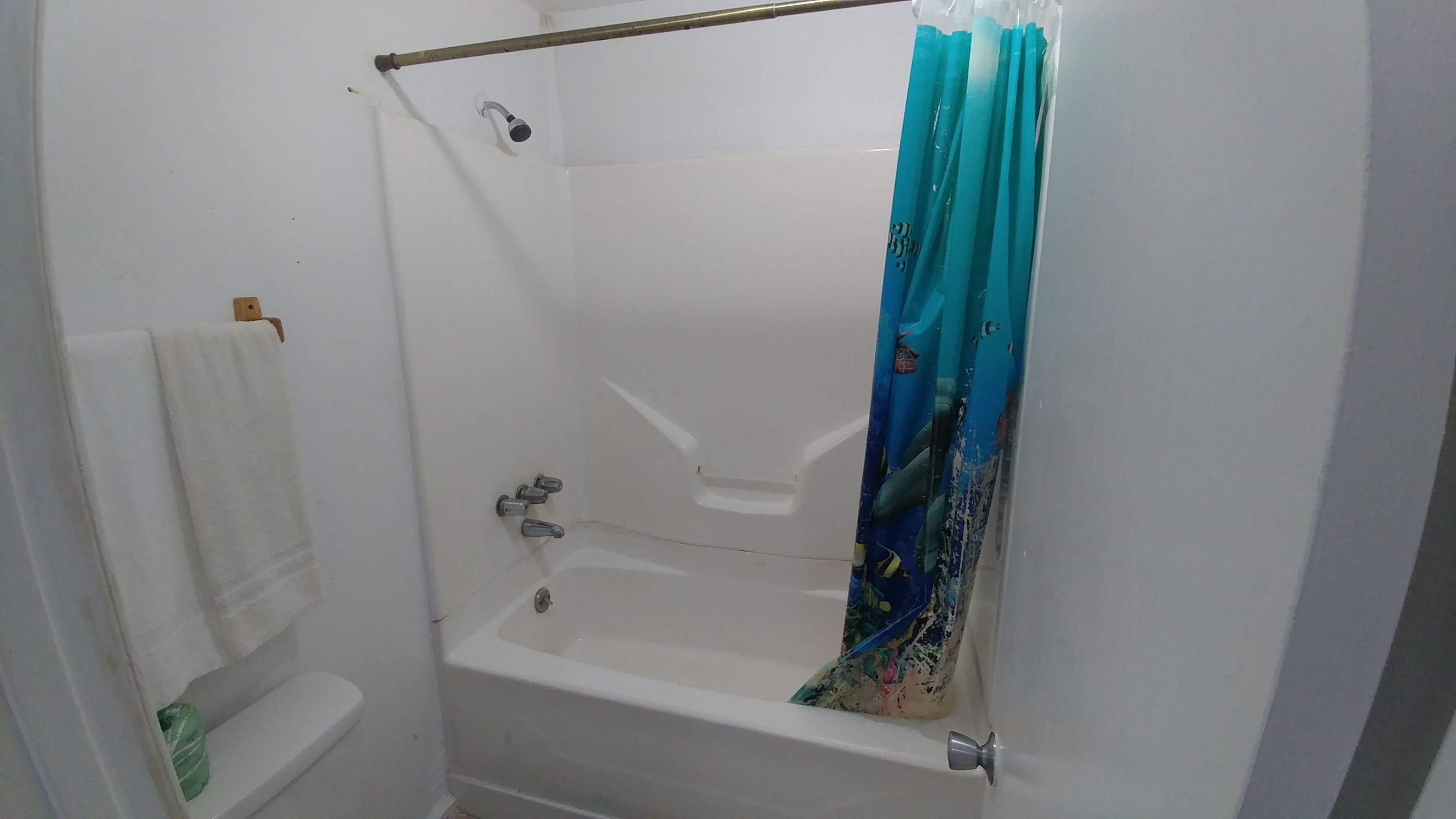 A bathroom with a bathtub, toilet, and a shower curtain.