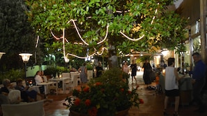 An outdoor seating area with tables and chairs, surrounded by potted plants and string lights. - Grand Hotel Terme Tamerici e Principe (Montecatini Terme)