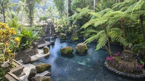 A serene indoor garden with a central water feature, stone structures, and lush greenery. - Royal Pita Maha (Ubud)