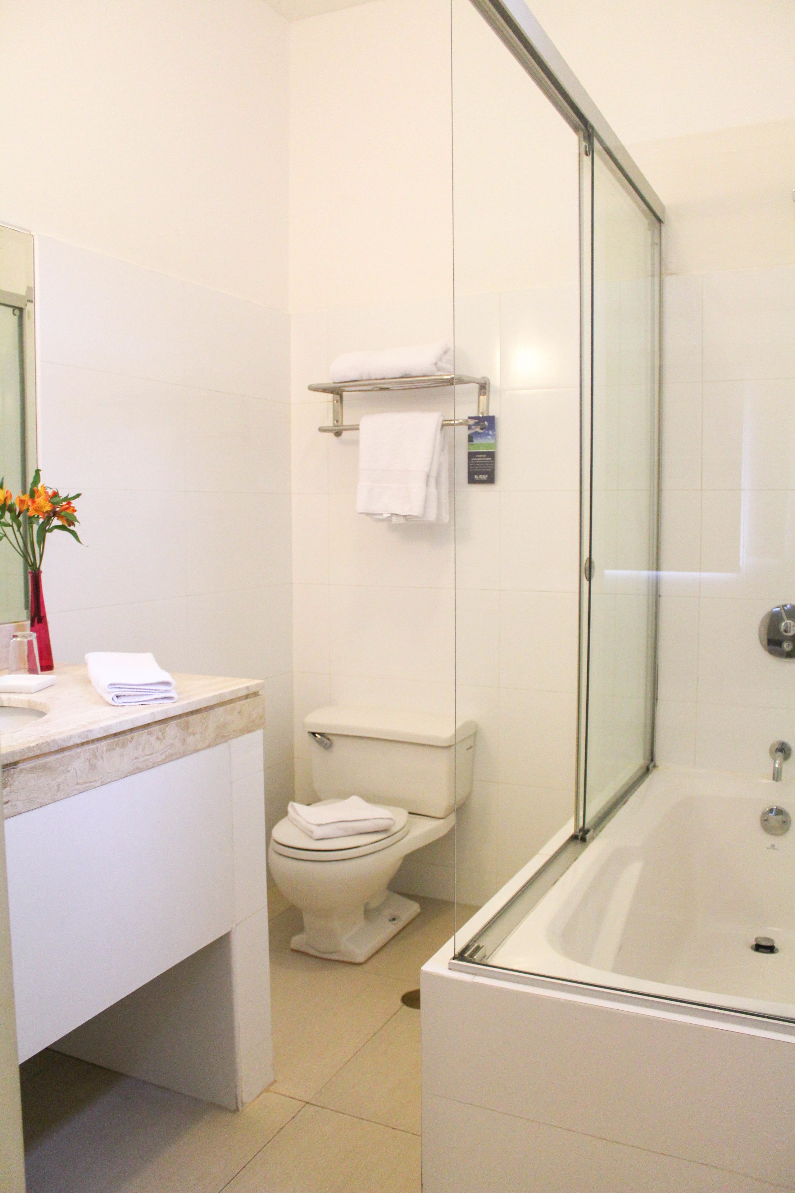 Un baño con ducha de vidrio, inodoro y tocador con espejo y un jarrón de flores.