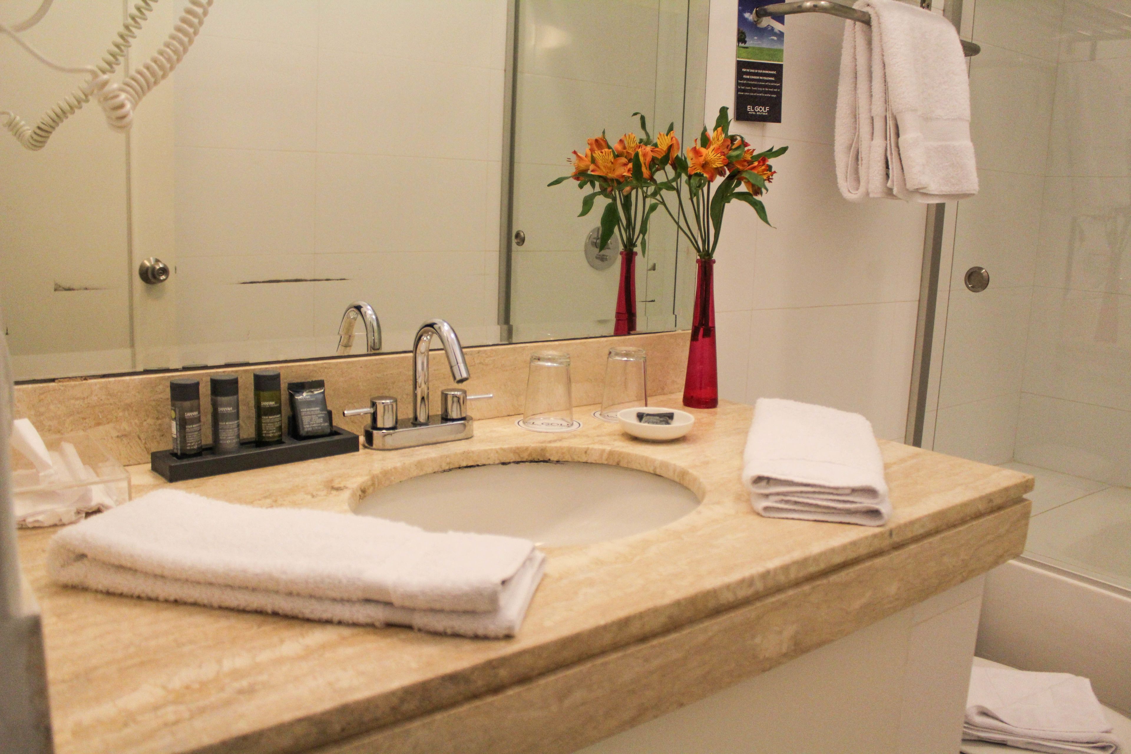 A bathroom with a sink, mirror, and shower.