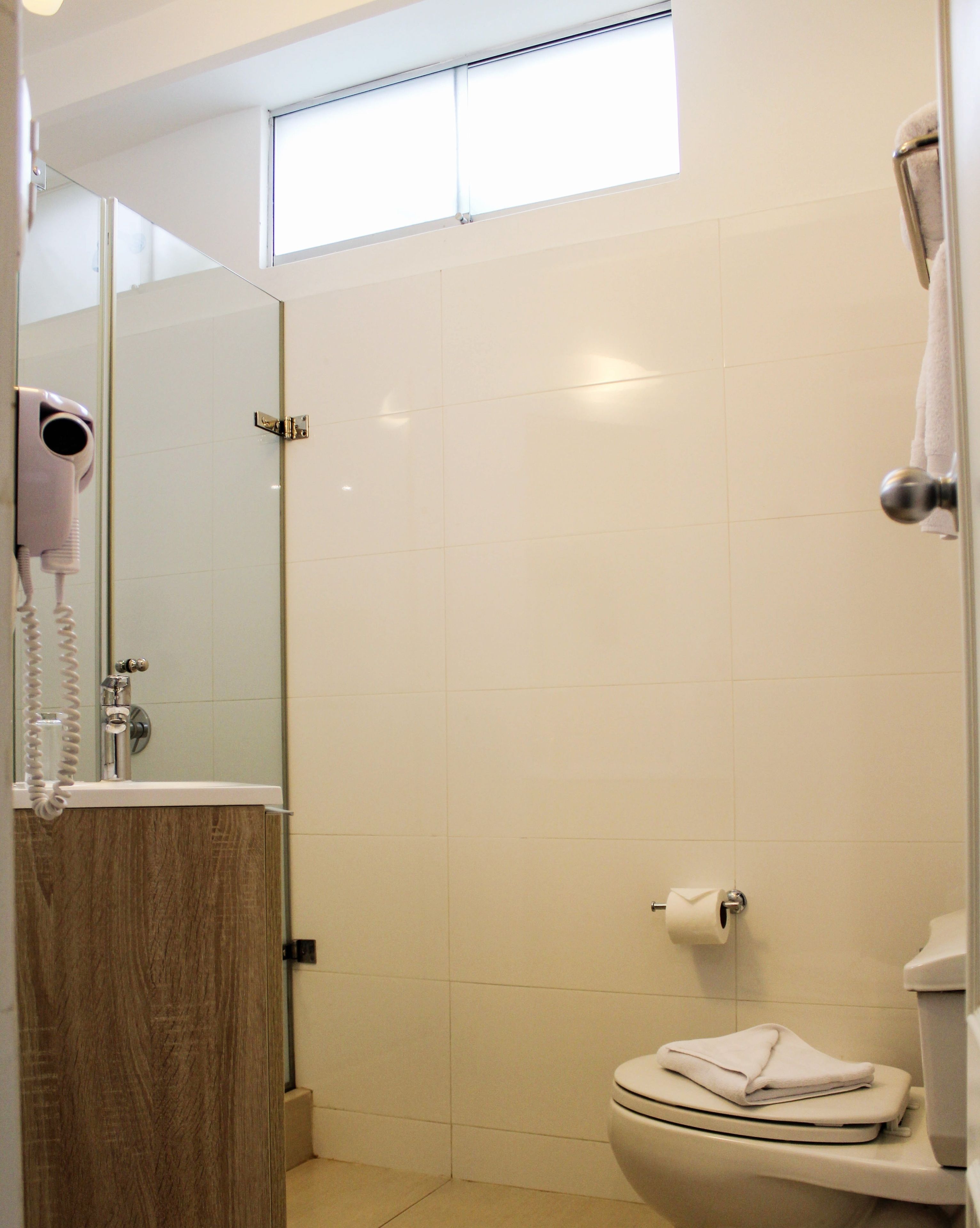 Een badkamer met douche, toilet en een haardroger aan de muur.