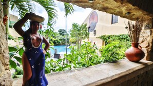 A person in a blue dress with cutouts, standing on a stone ledge with a potted plant beside them. - Adventure Inn (Ulloa)