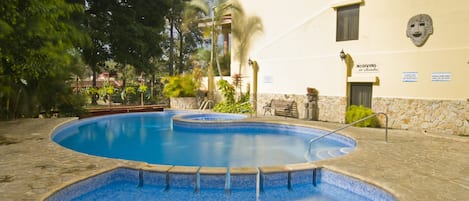 Outdoor pool, pool umbrellas, pool loungers