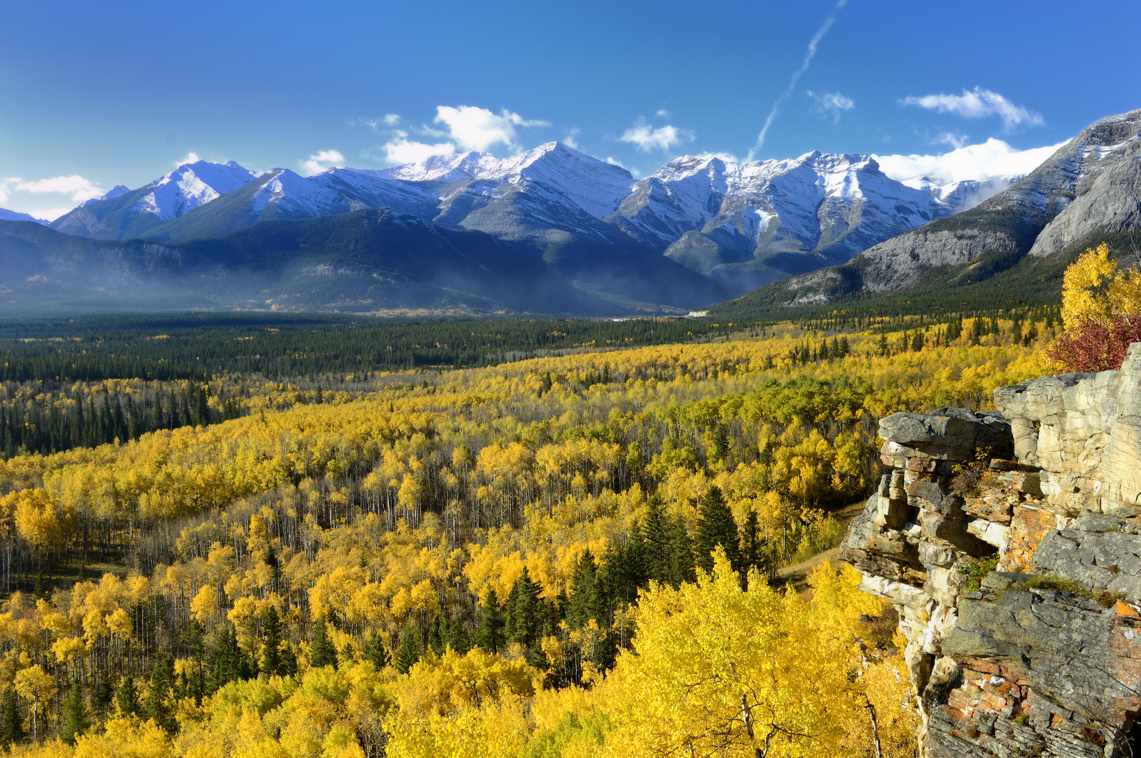 A mountainous landscape with a forested valley and a rocky outcrop.