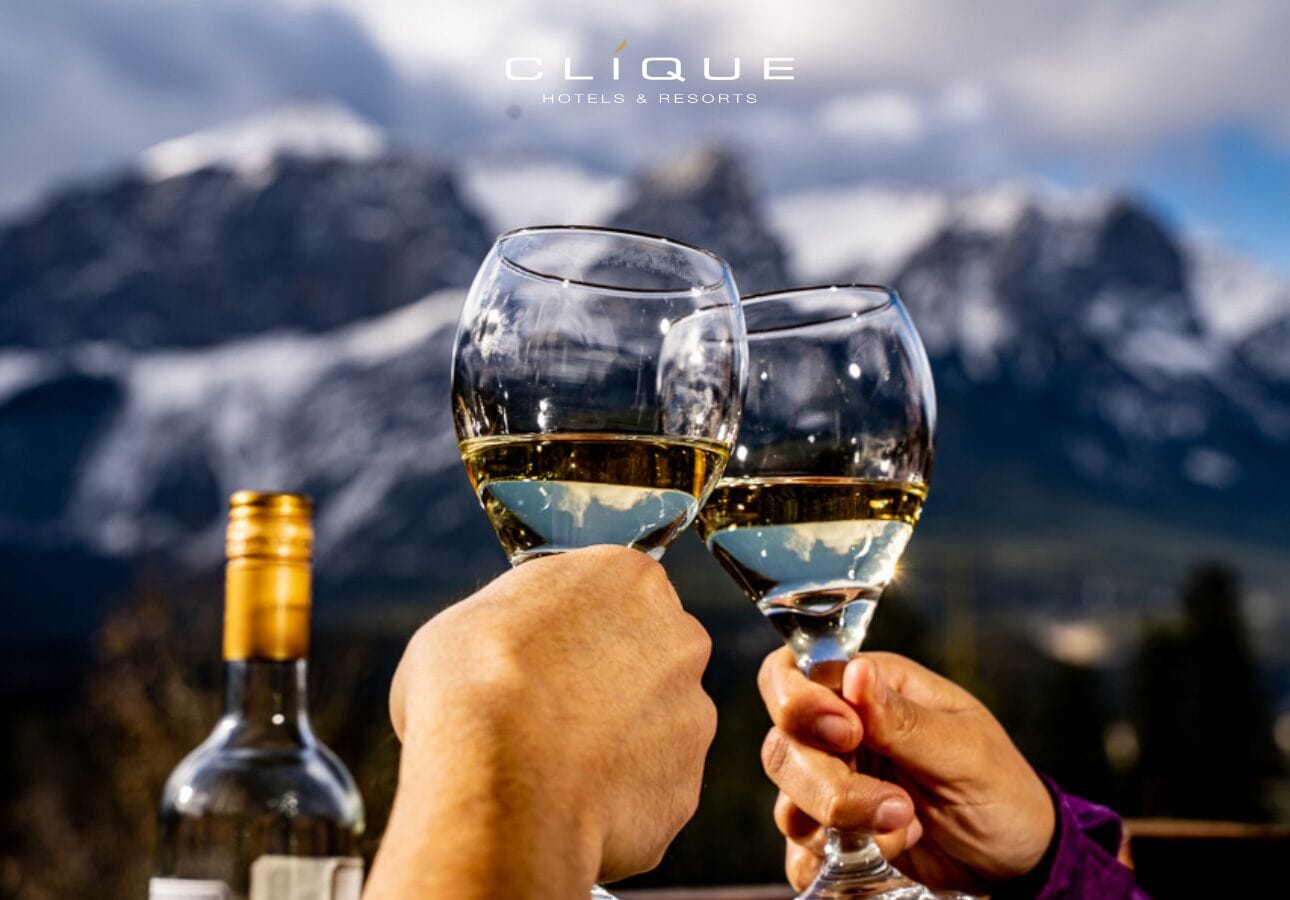 Duas mãos segurando taças de vinho com uma garrafa e montanhas ao fundo.