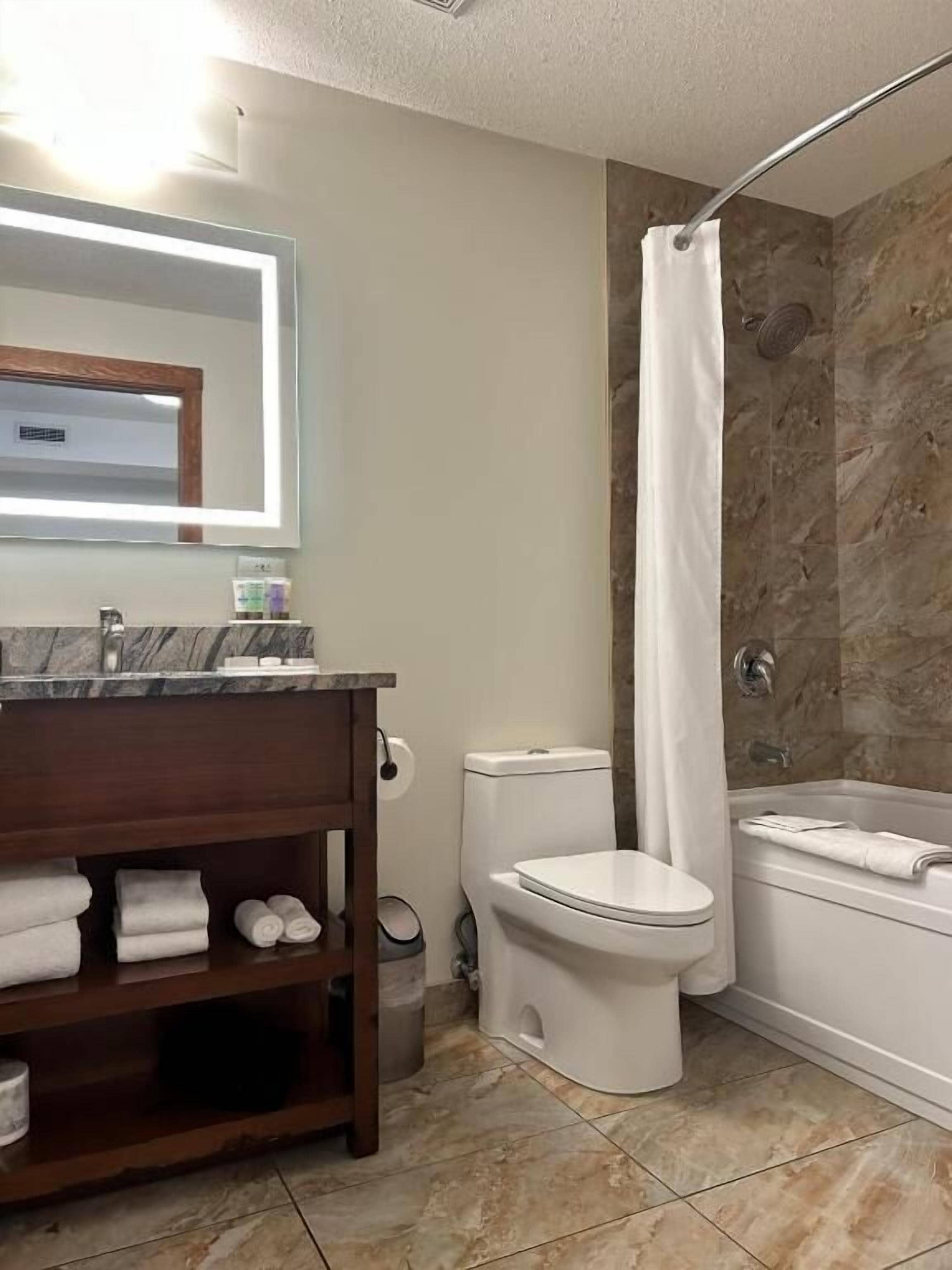 A bathroom with a marble sink, a toilet, a bathtub, and a shower curtain.