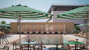 Indoor pool, outdoor pool, pool umbrellas, pool loungers