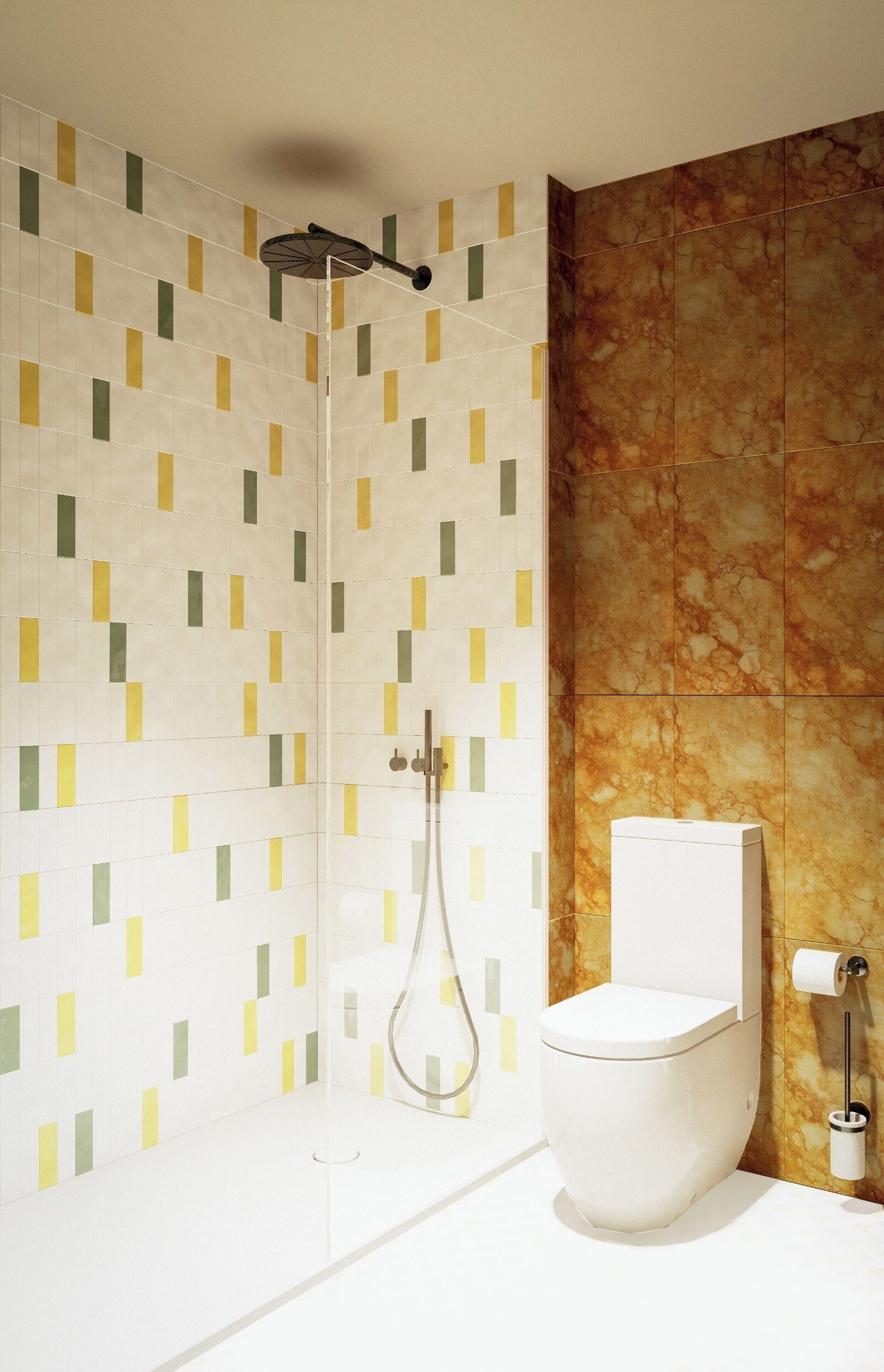 Un baño moderno con ducha, inodoro y pared de mármol.