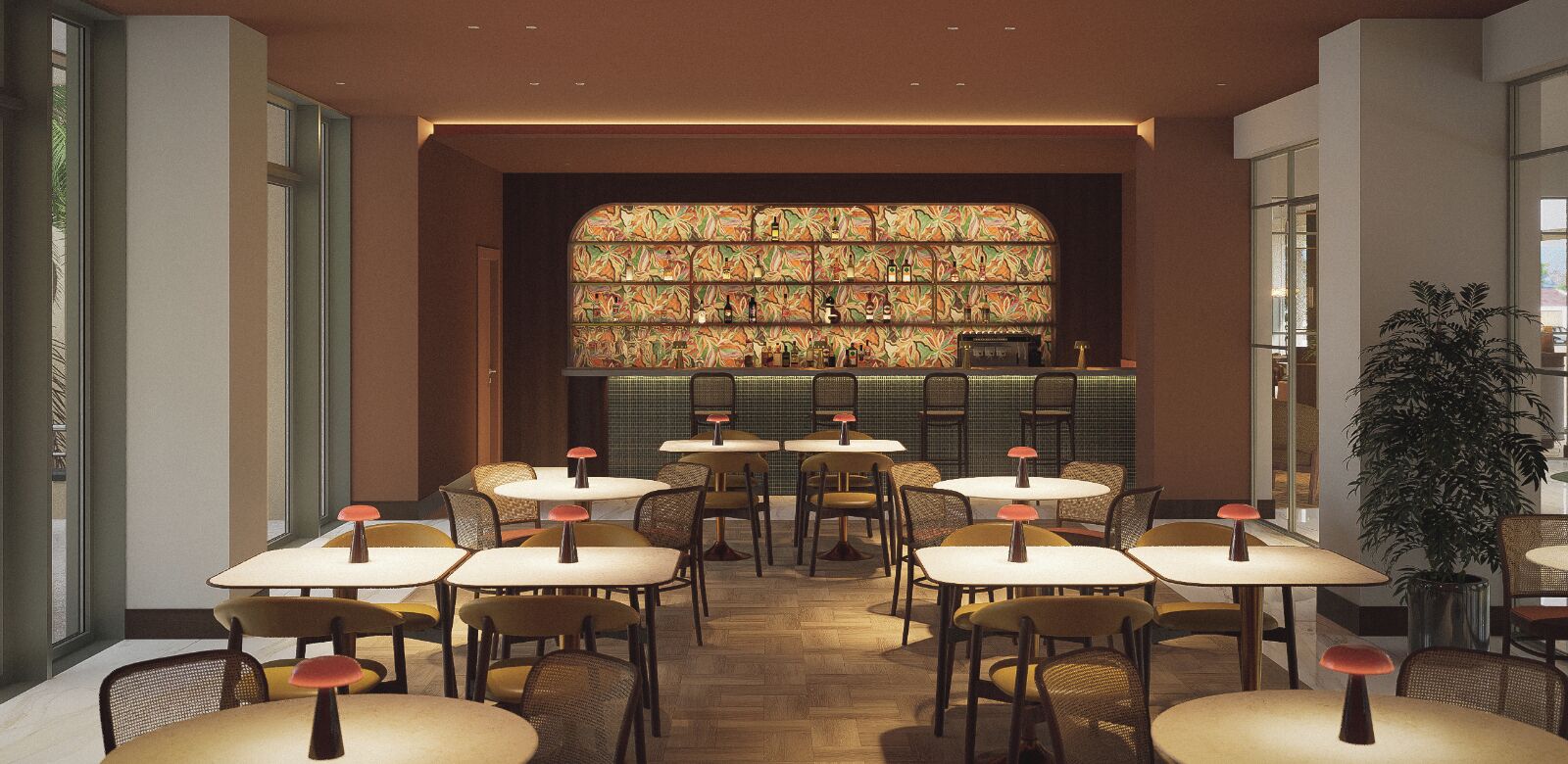 A restaurant with a bar area, multiple tables, and chairs.