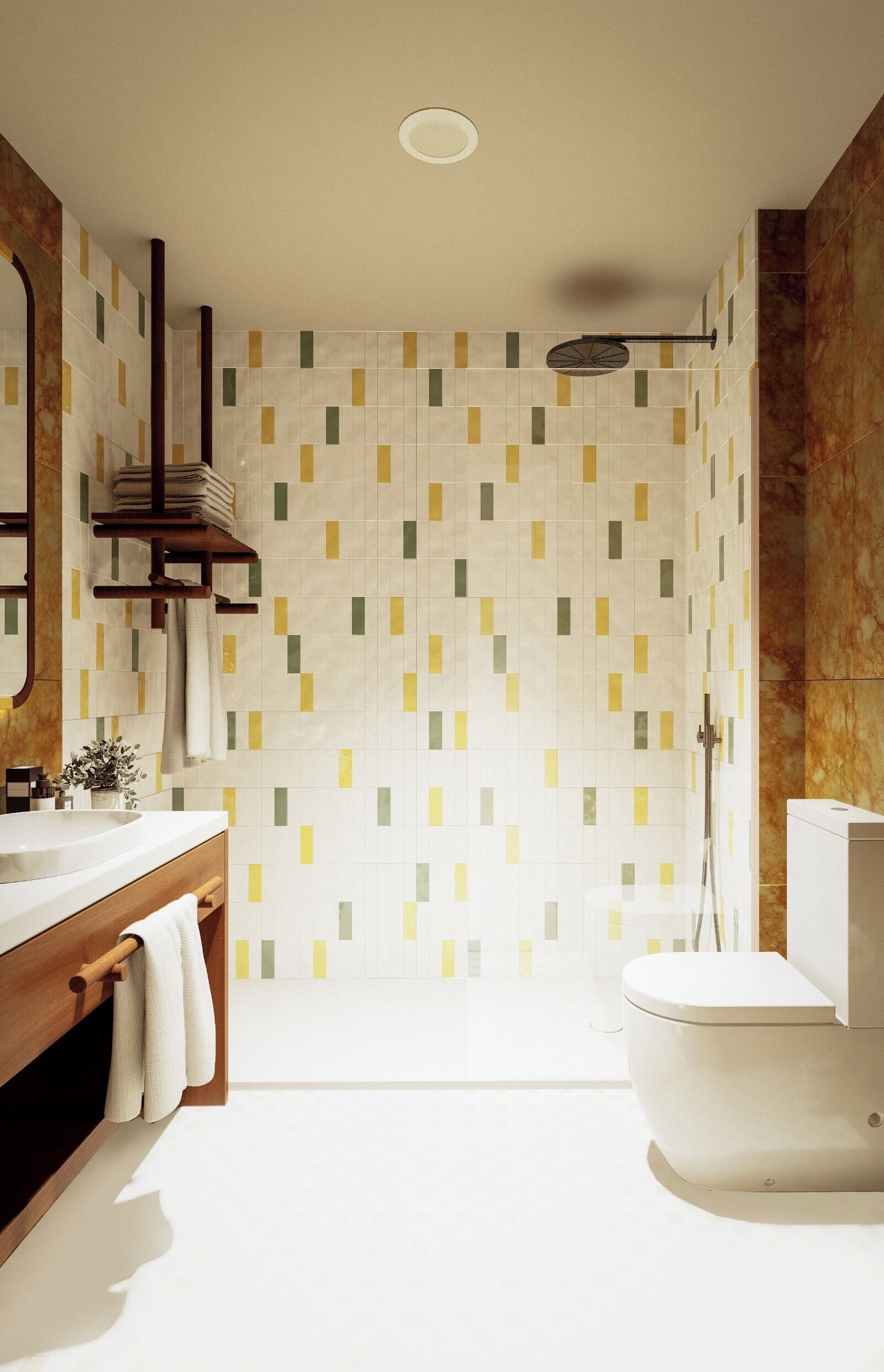 A modern bathroom with a shower, toilet, and vanity.