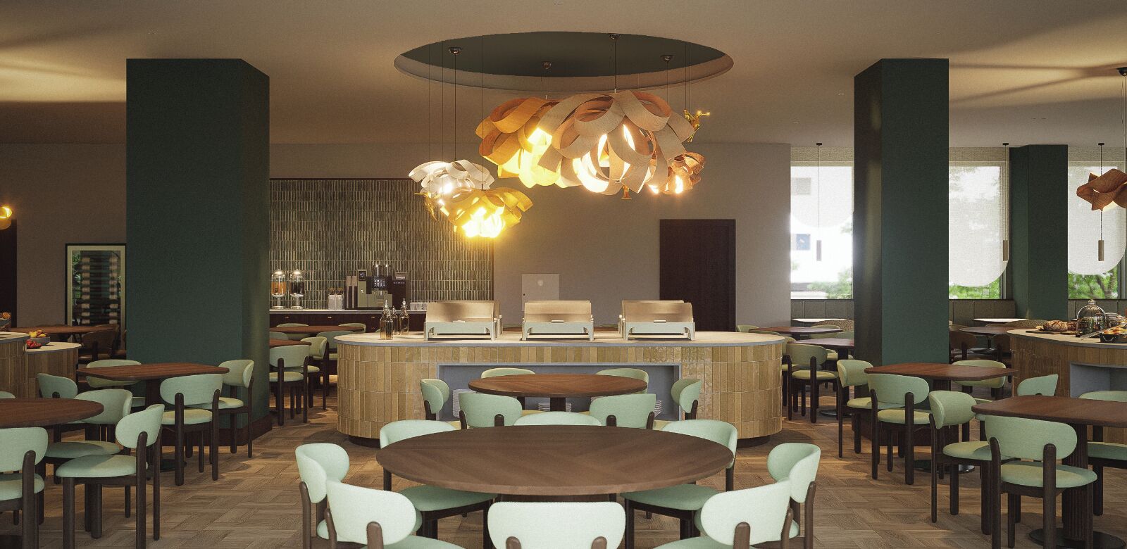 A modern restaurant with round tables and chairs, a central bar area, and unique hanging light fixtures.