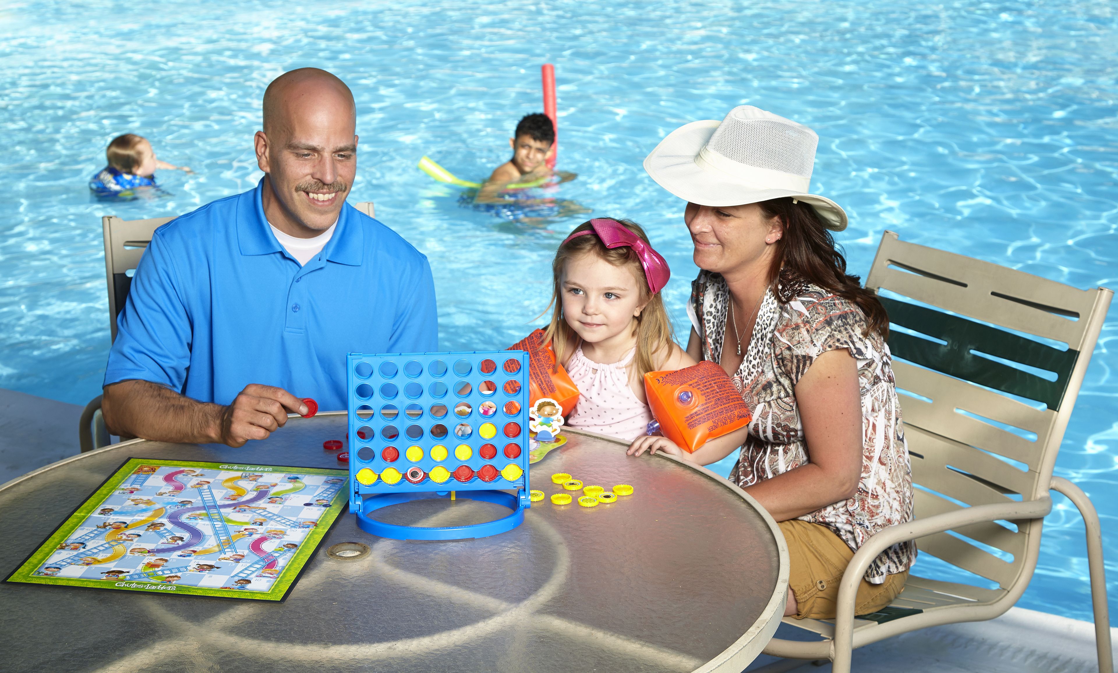 indoor pool, seasonal outdoor pool, pool loungers