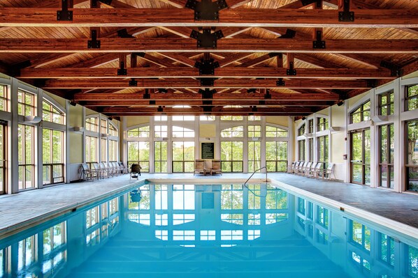 Indoor pool, seasonal outdoor pool, pool loungers