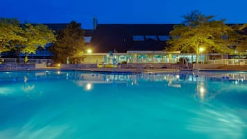 Indoor pool, outdoor pool, pool umbrellas, pool loungers
