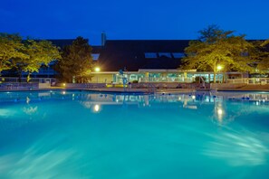 Indoor pool, outdoor pool, pool umbrellas, pool loungers
