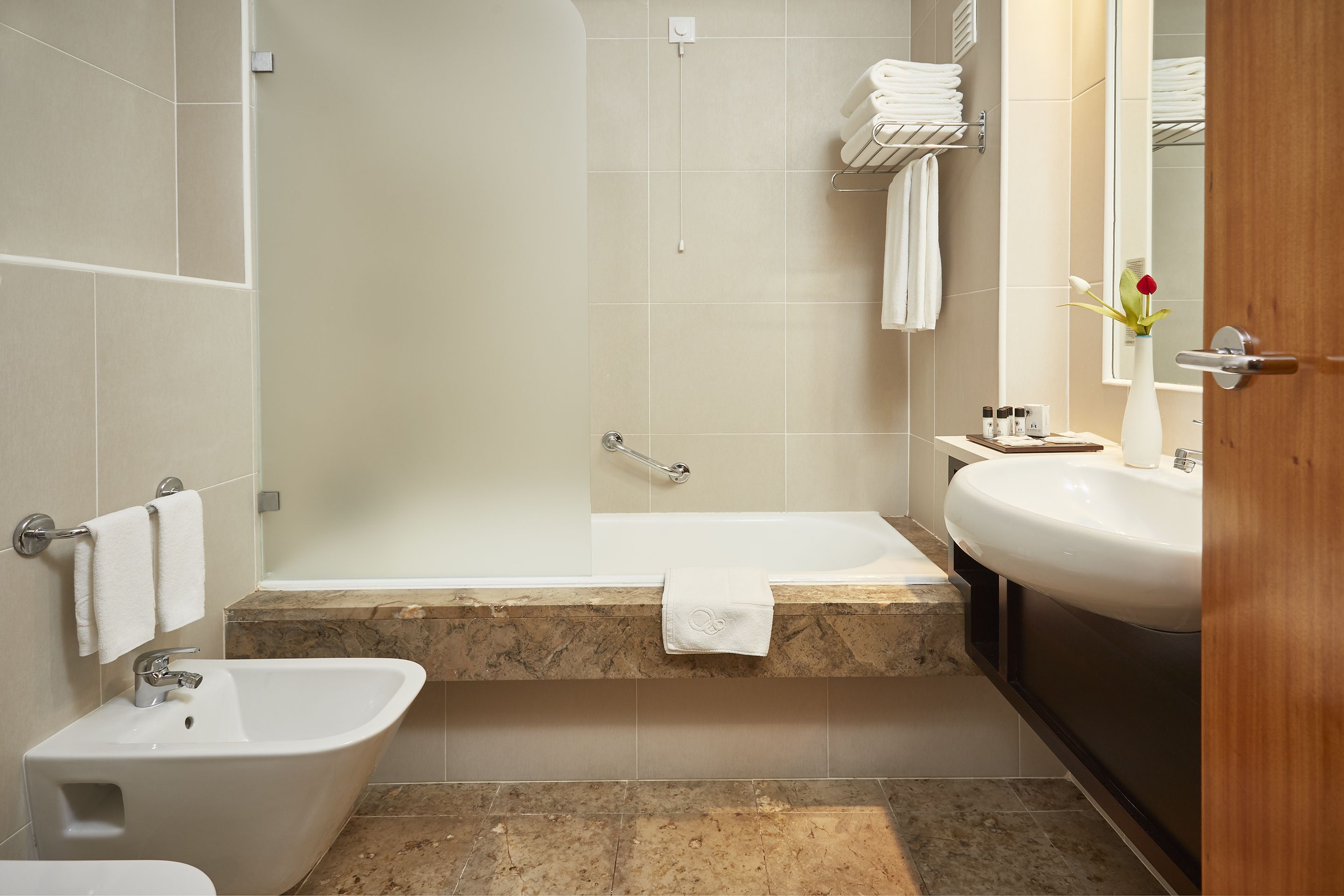 free toiletries, hair dryer, bidet, towels