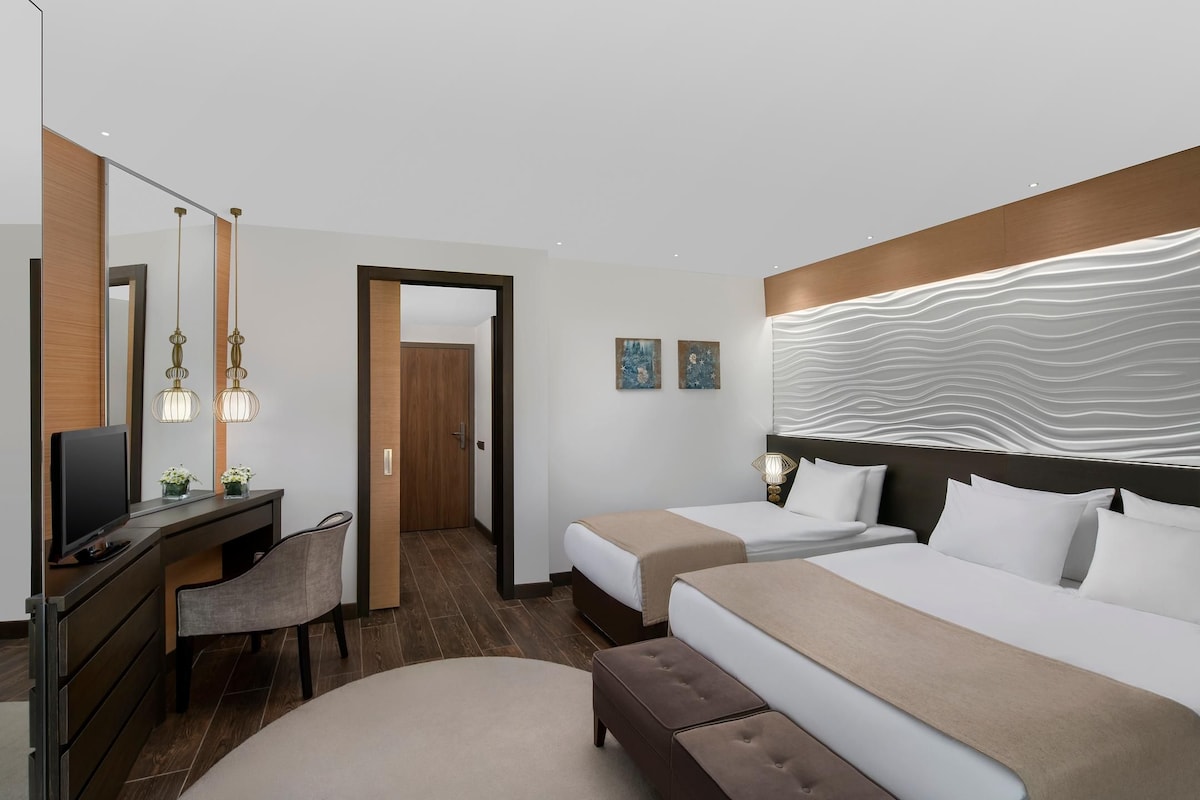 Habitación de hotel con escritorio, dos camas, un espejo grande y un diseño moderno en la pared.
