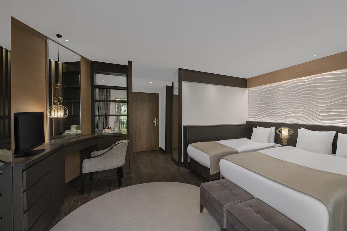 A modern hotel room with a large bed, a desk with a chair, a television, and a large mirror.