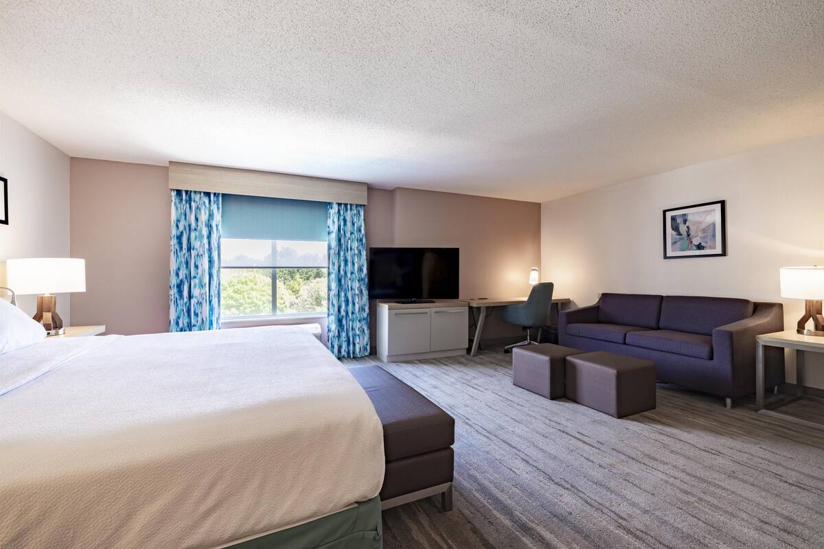 A hotel room with a bed, a desk, a television, a sofa, and a window with curtains.