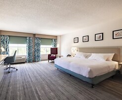Habitación de hotel con una cama grande, un escritorio con una silla, una lámpara de escritorio y una ventana con cortinas. Hay tres cuadros en la pared.