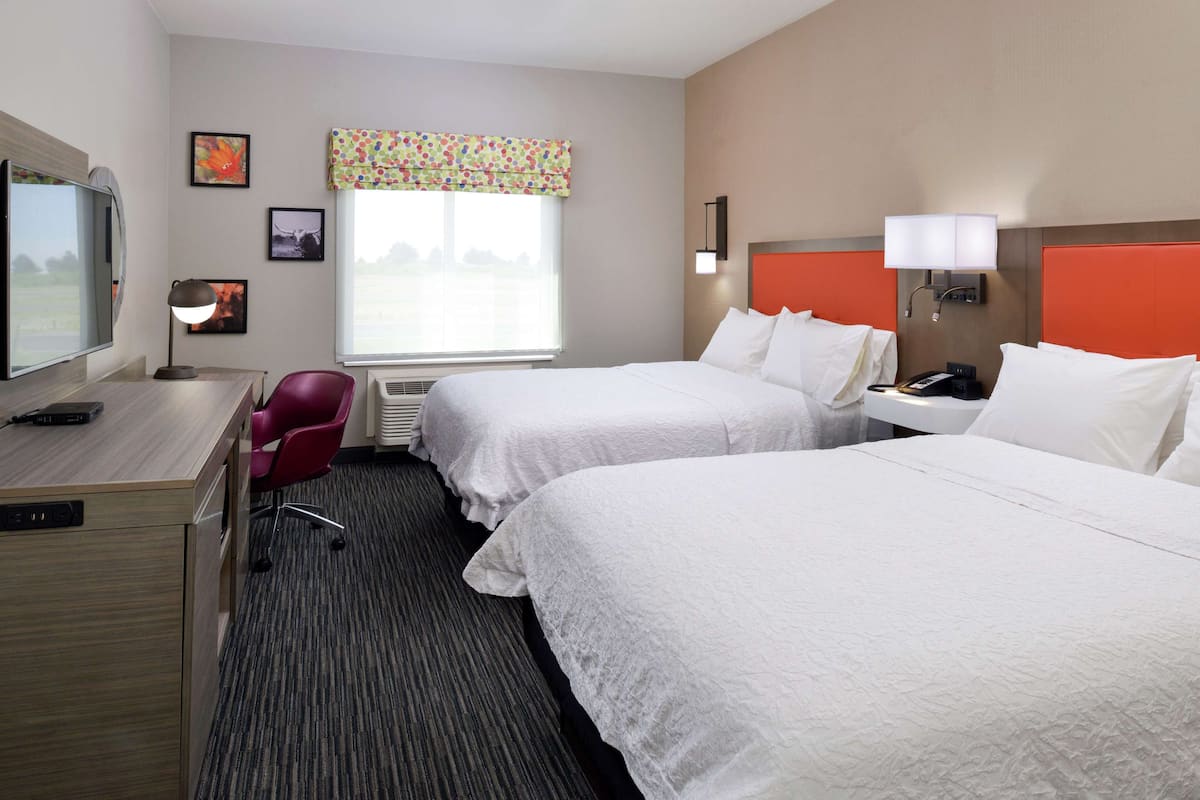 A hotel room with two beds, a desk, a chair, a TV, and a window with a view.