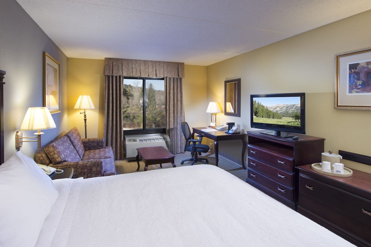 A hotel room with a large bed, a desk with a computer, a chair, a TV, and a window with curtains.