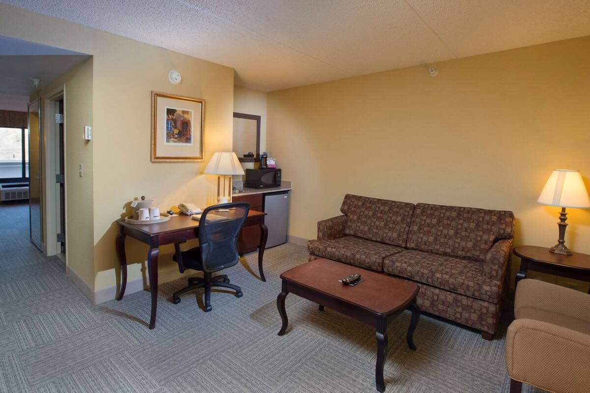 A hotel room with a sofa, a desk with a chair, a coffee table, a lamp, a microwave, and a framed picture on the wall.