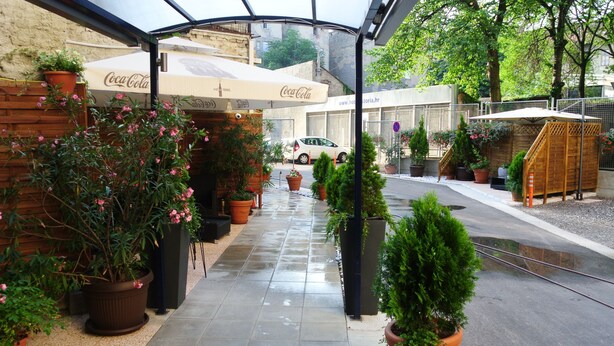 Un espace extérieur abrité, agrémenté de plantes en pot et d’un parasol à l’effigie de Coca-Cola.
