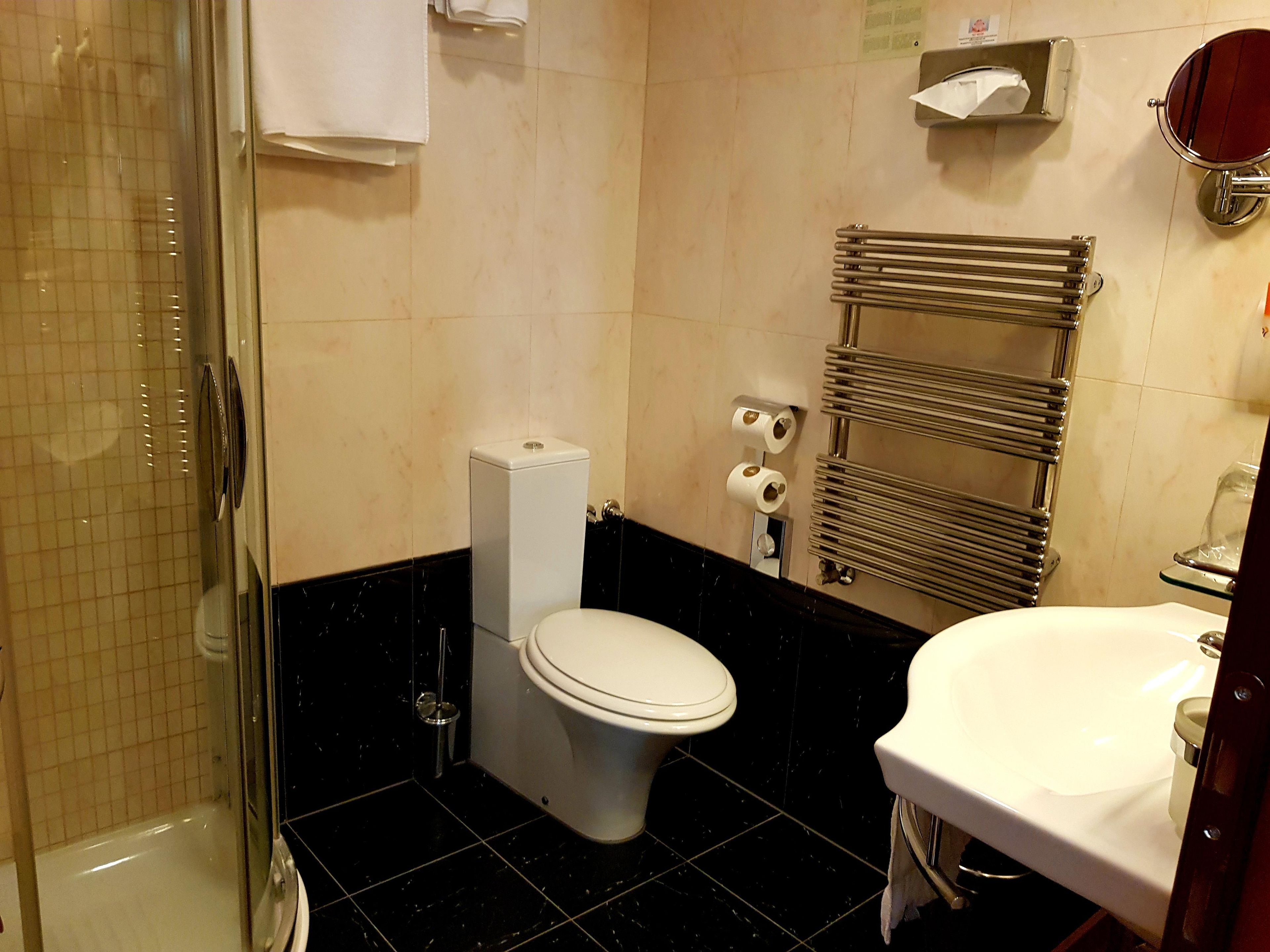 A bathroom with a toilet, a sink, a towel rack, and a shower.