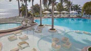 Outdoor pool, pool umbrellas, pool loungers