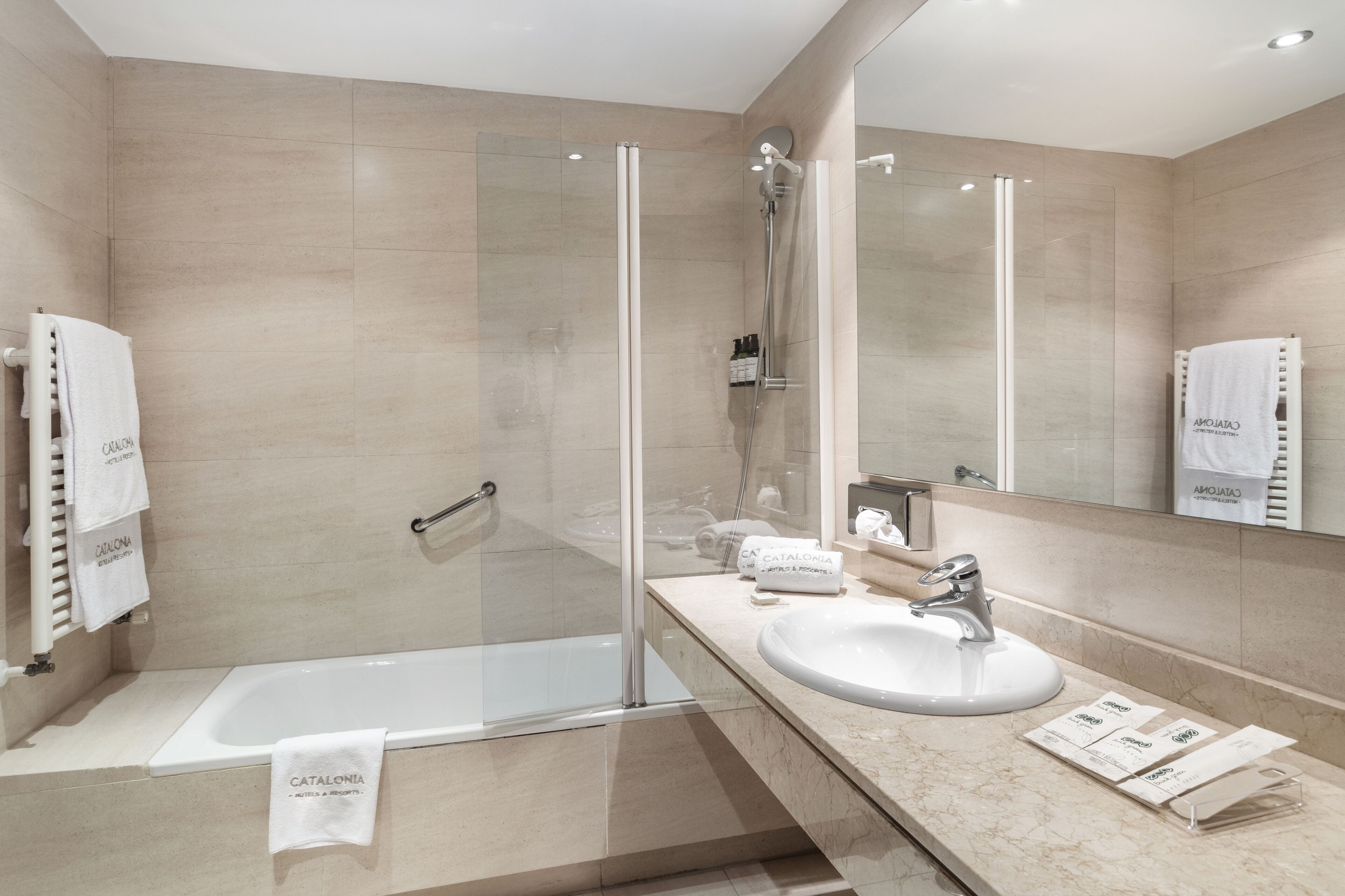 shower, rainfall showerhead, designer toiletries, hair dryer