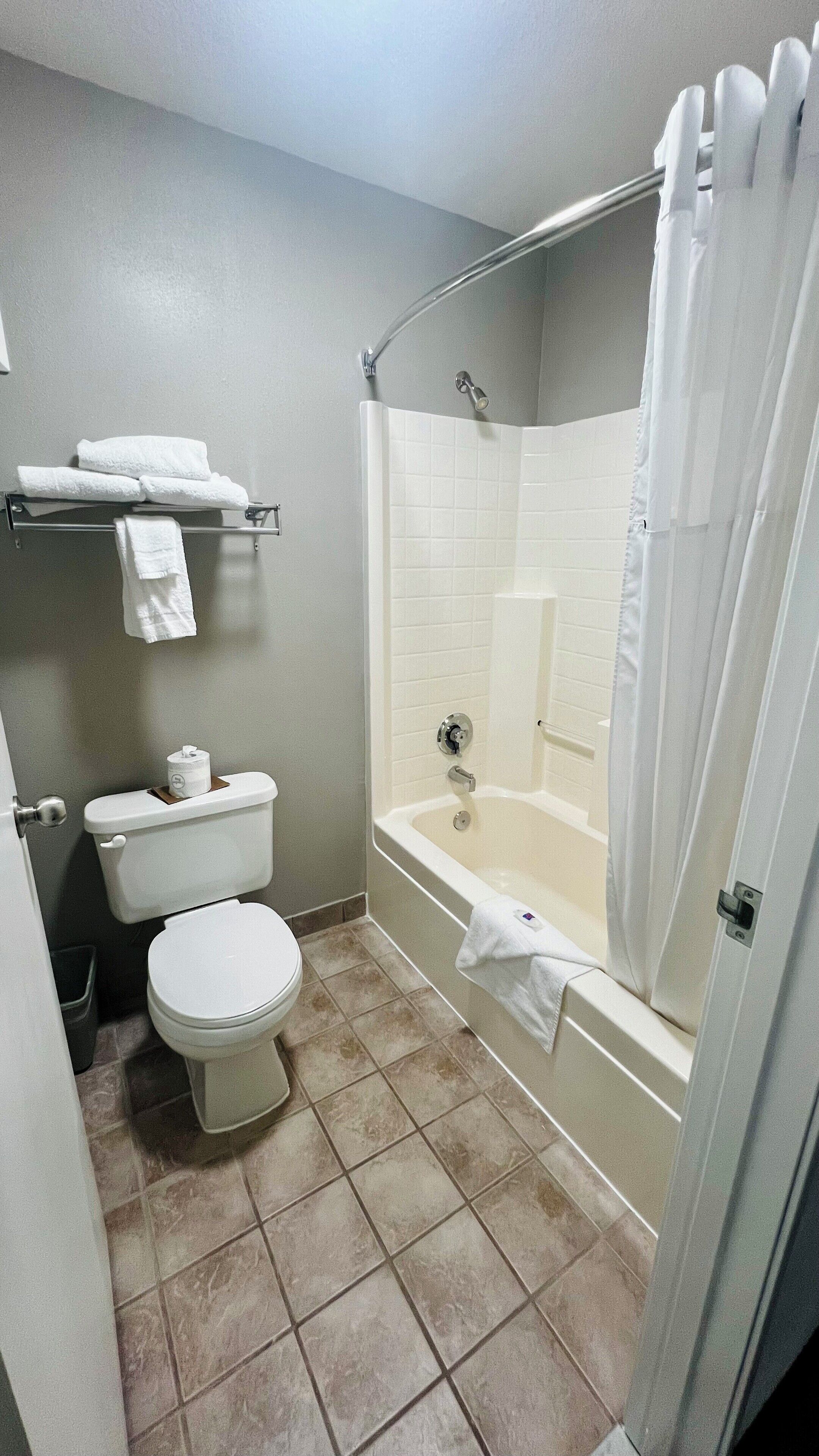 Combined shower/tub, hair dryer, towels, soap