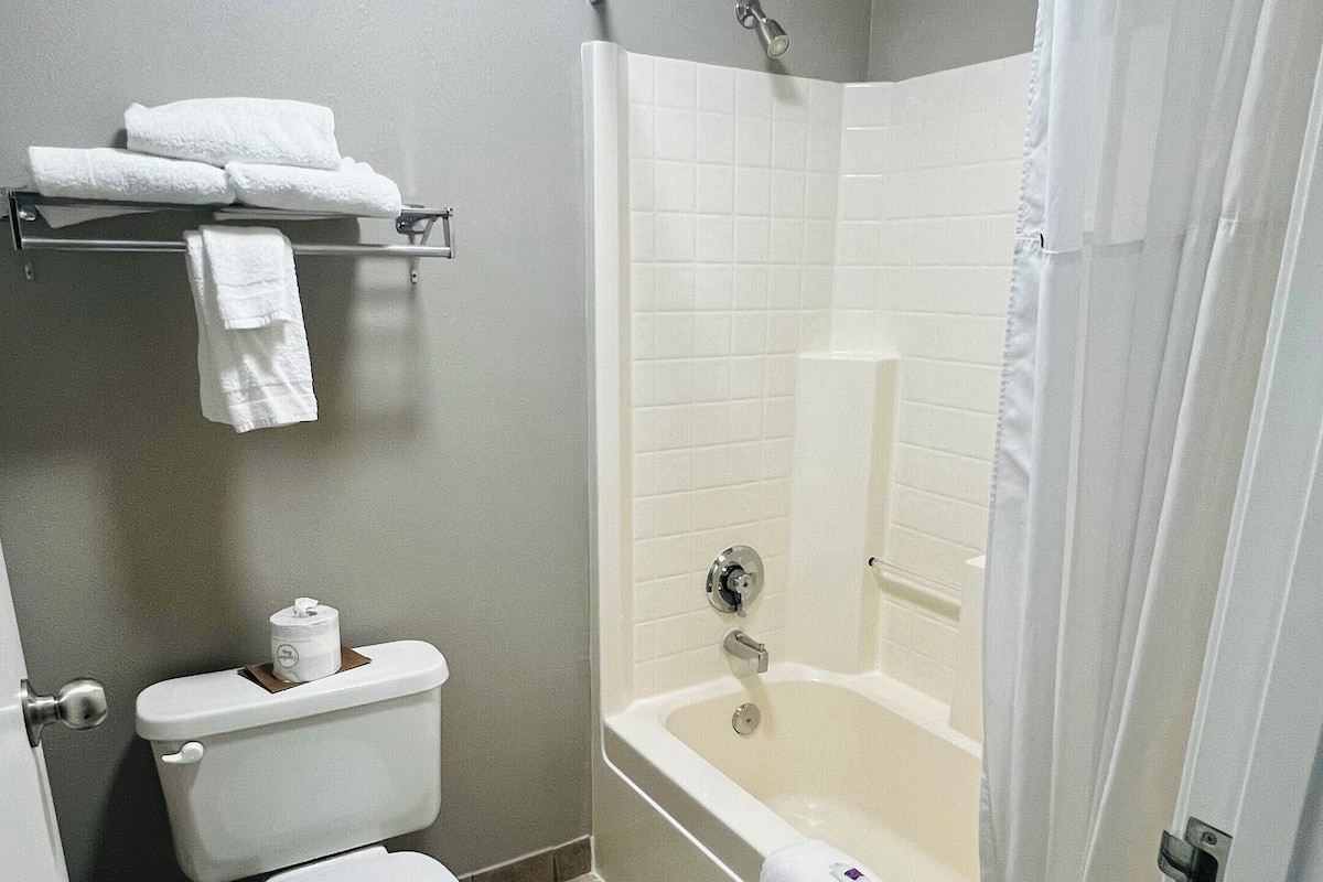 Combined shower/tub, hair dryer, towels, soap