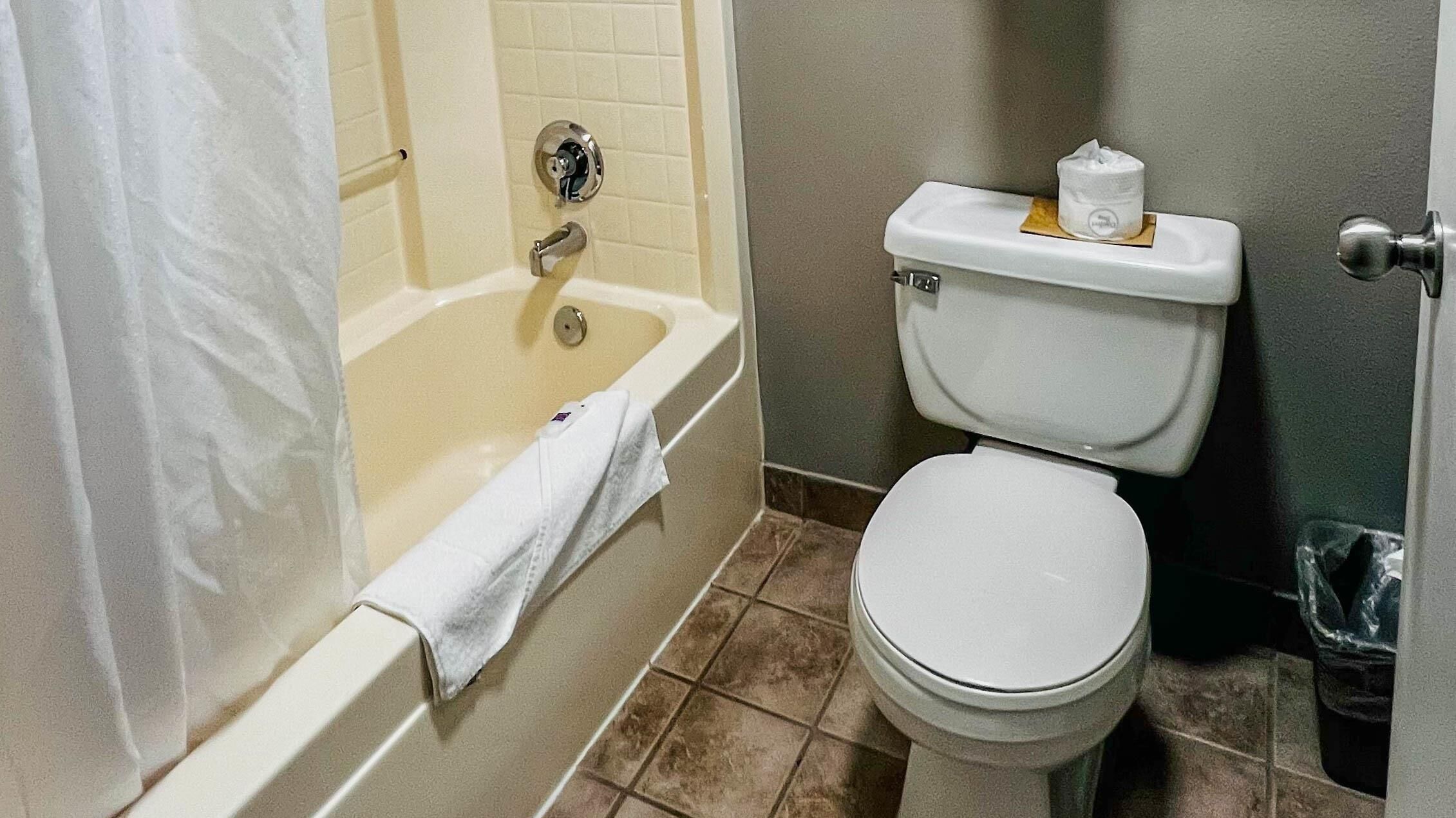Un baño con bañera, inodoro y barra para toallas.