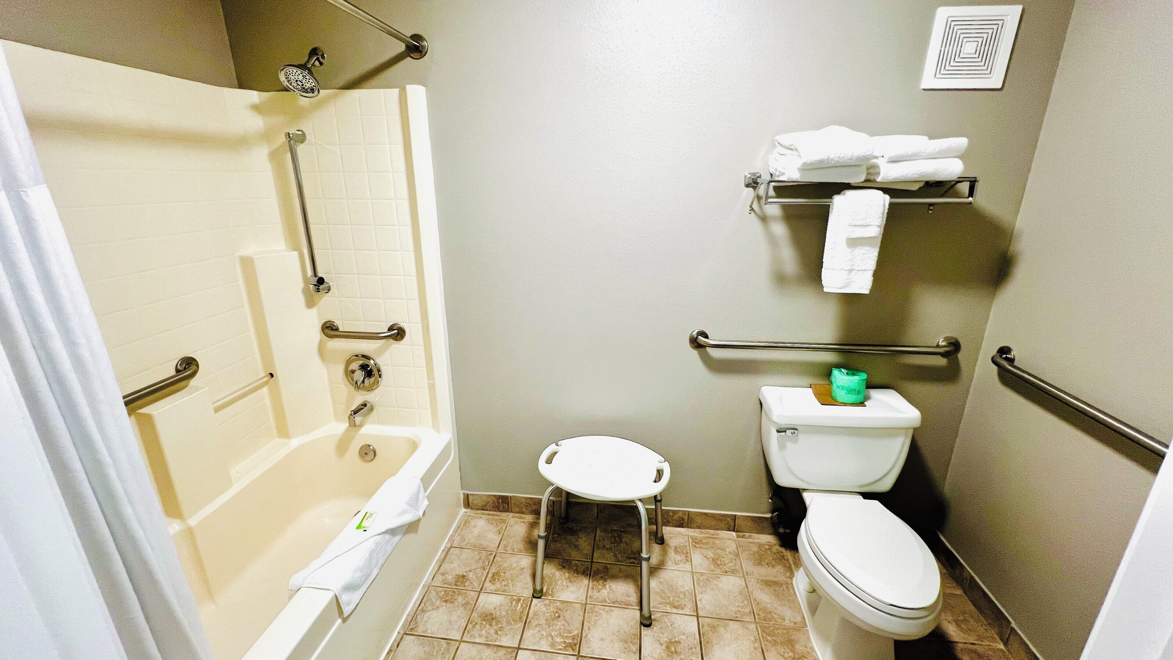 Standard Room, 1 King Bed, Accessible Bathtub, Non Smoking | Bathroom | Combined shower/tub, hair dryer, towels, soap
