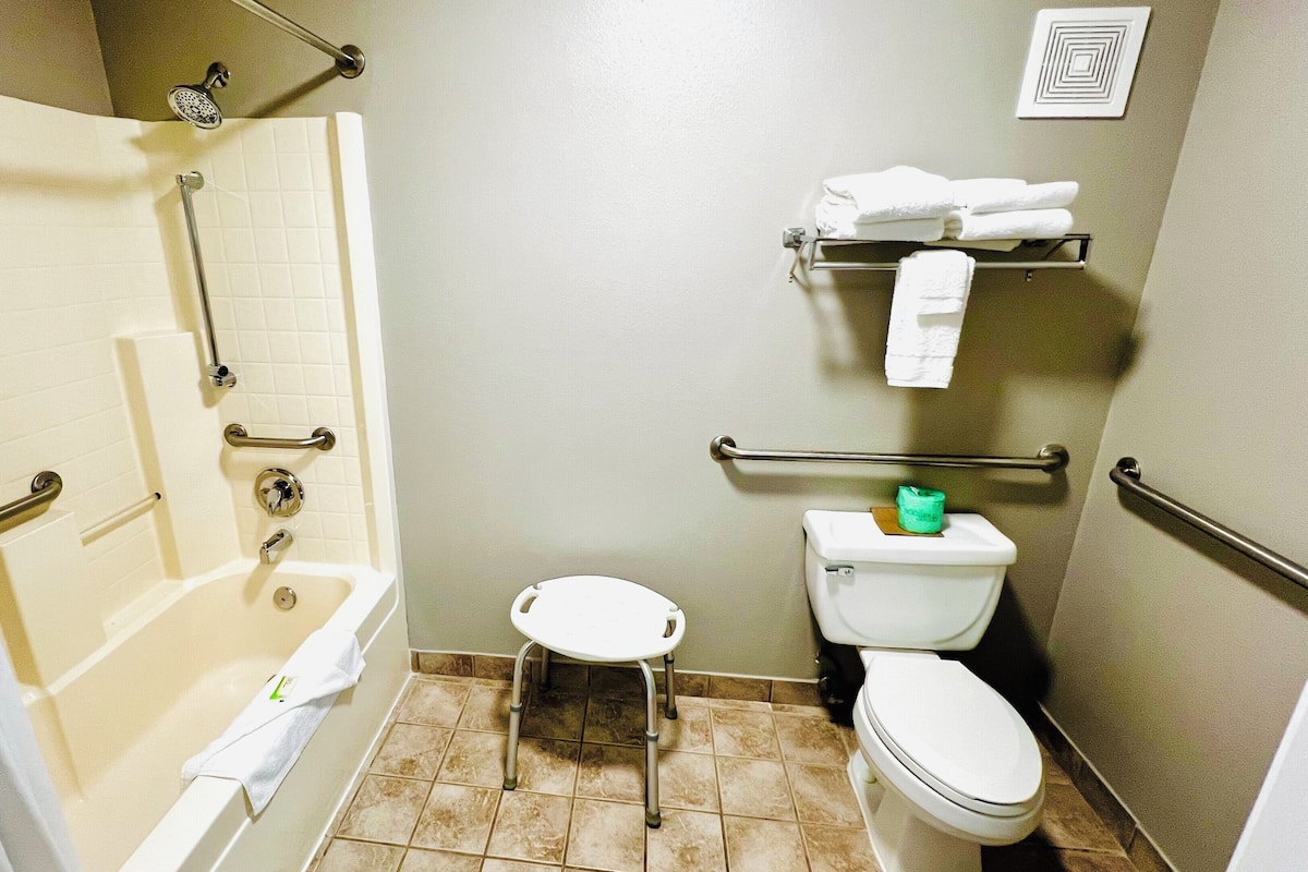 Standard Room, 1 King Bed, Accessible Bathtub, Non Smoking | Bathroom | Combined shower/tub, hair dryer, towels, soap
