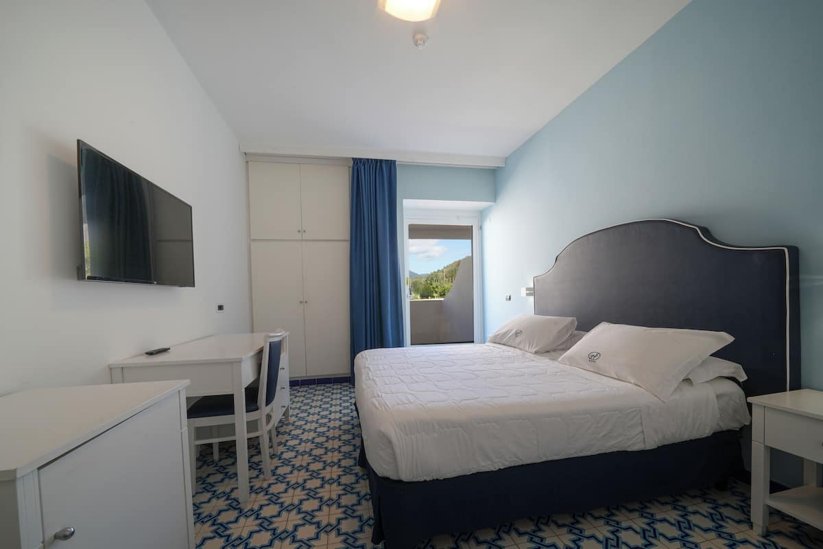 Une chambre à coucher comprenant un lit, un bureau, une chaise, une armoire et un téléviseur.