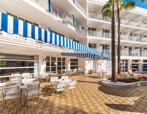 Un hotel de varios niveles con terraza al aire libre y una palmera.