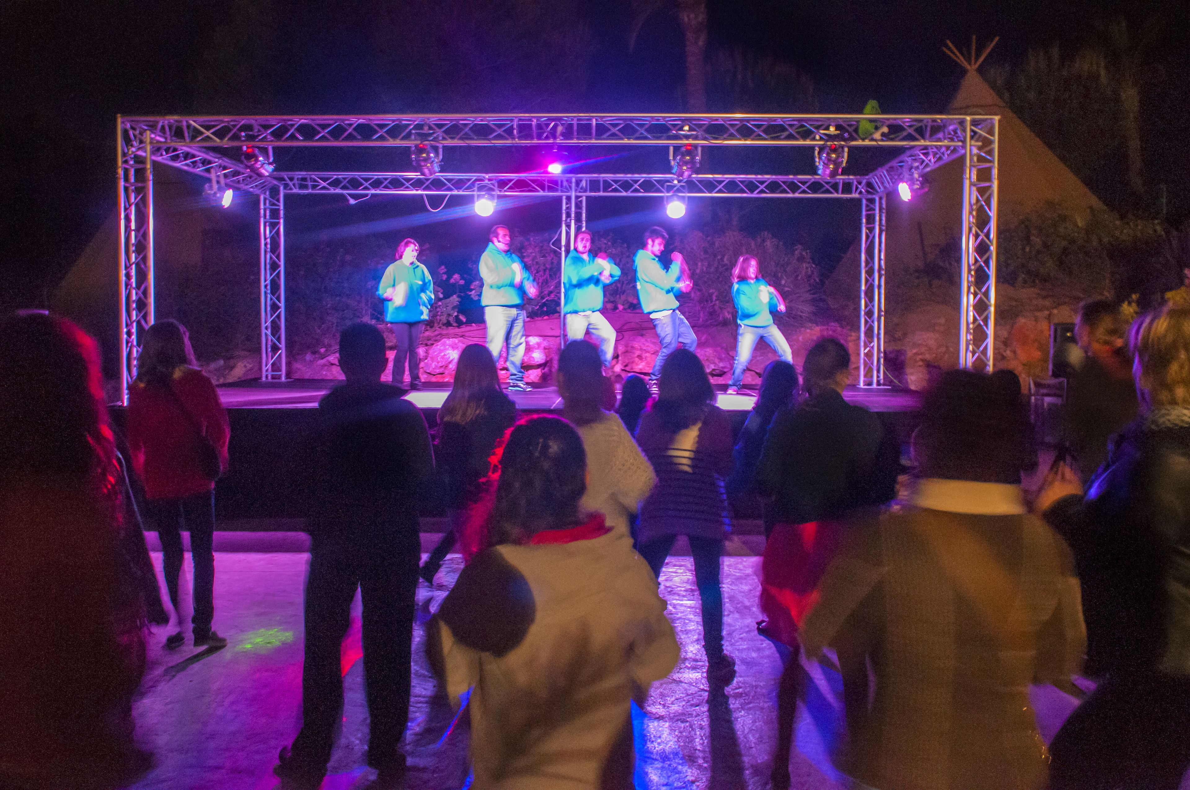 A stage with performers and an audience.