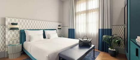 A modern hotel room with a large bed, a bedside table, a bench, a potted plant, and a wardrobe.