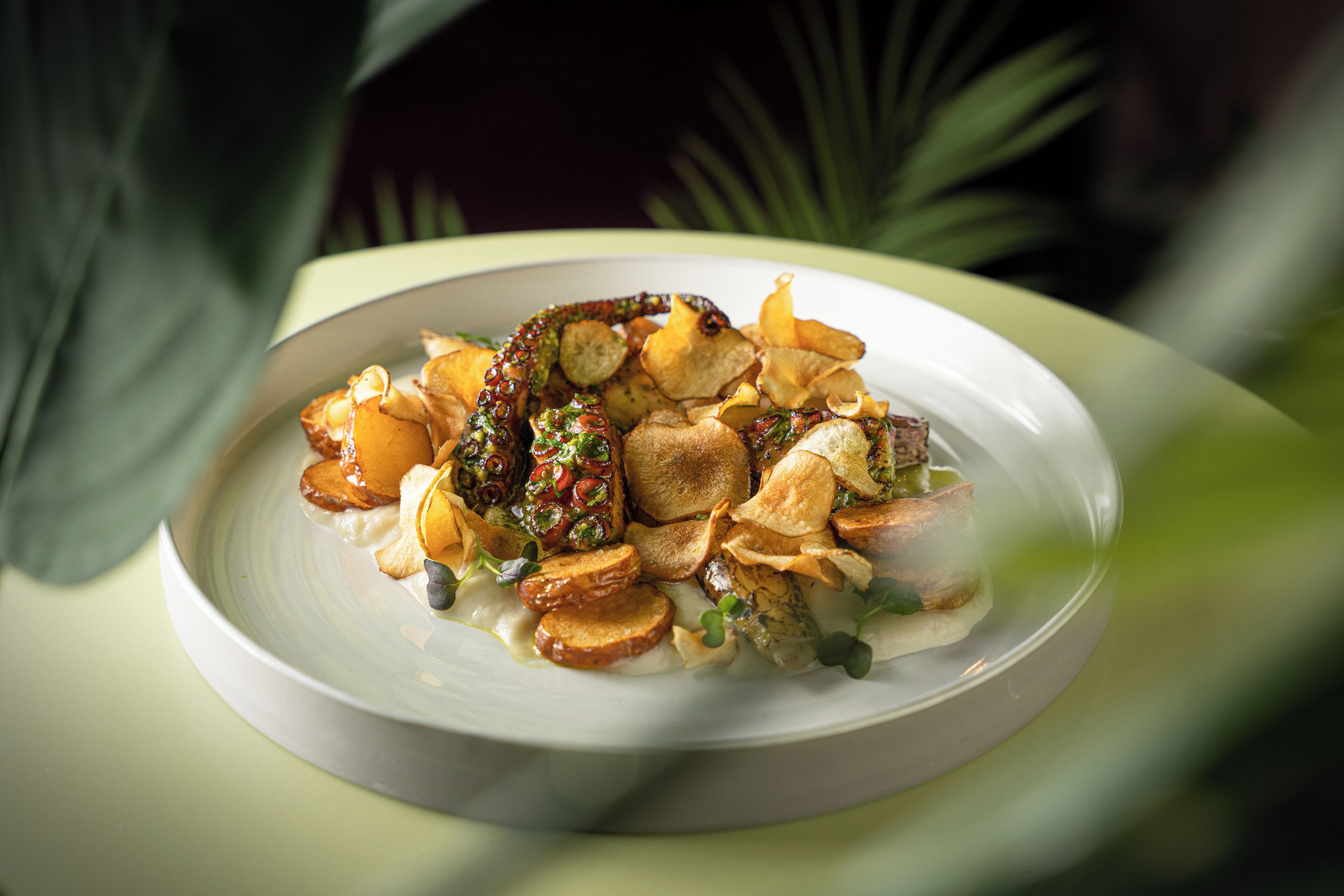 Um prato de comida com vários itens, incluindo batatas fritas, um pedaço de carne e alguns vegetais verdes.