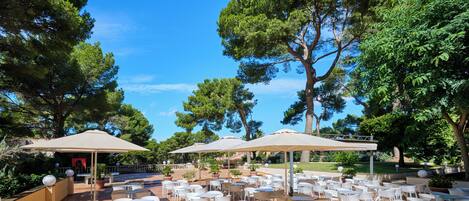 An outdoor patio with multiple tables and chairs, surrounded by trees and a clear blue sky.