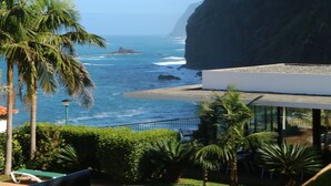 A coastal view with a cliff, palm trees, and a beach.