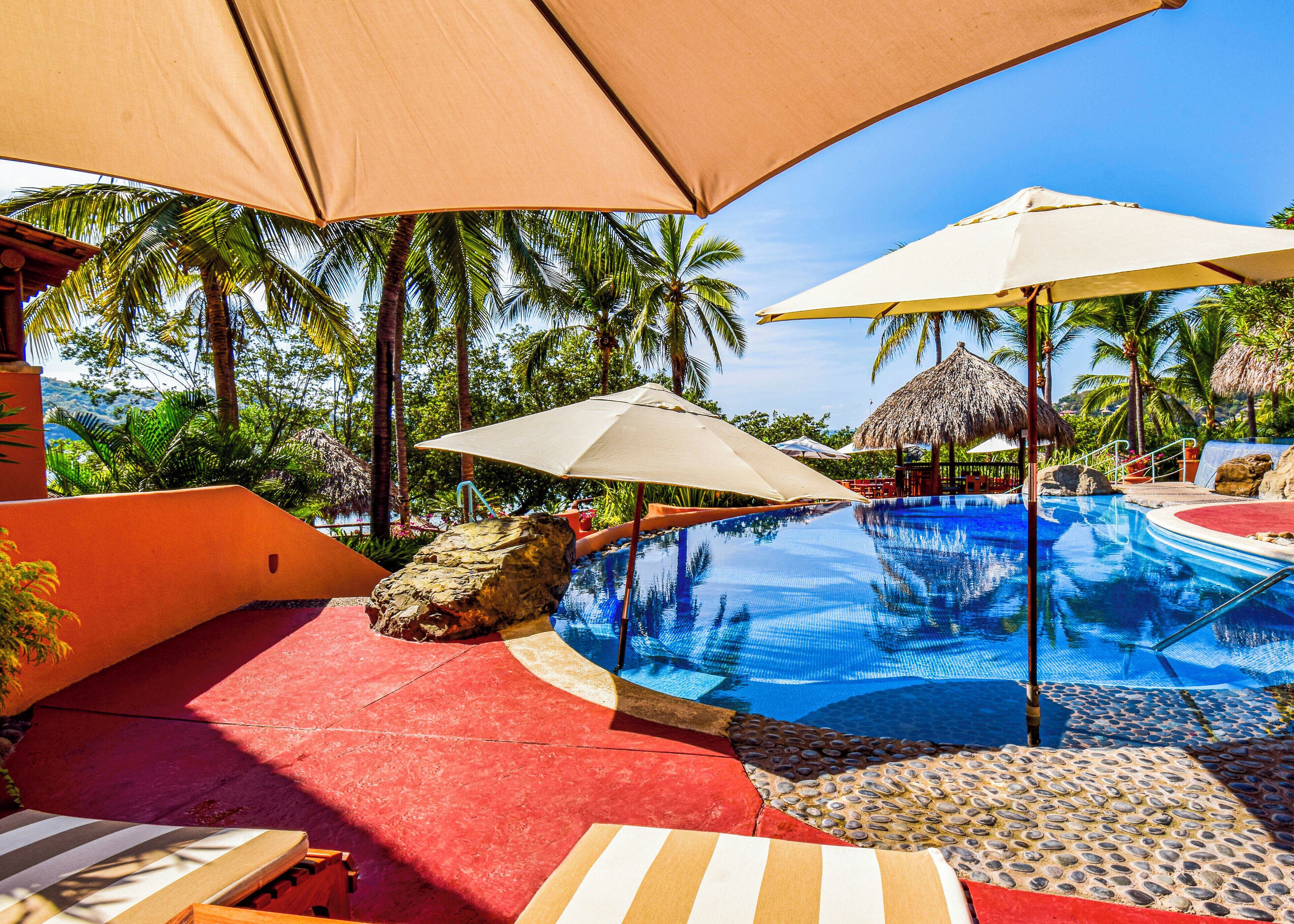 A swimming pool with lounge chairs and umbrellas, surrounded by palm trees and a thatched-roof structure.