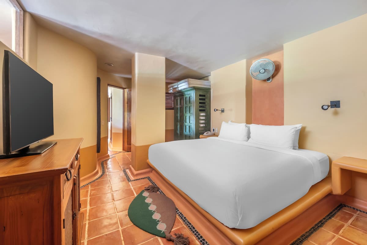 A hotel room with a large bed, a TV on a wooden cabinet, a green door, and a wall-mounted fan.