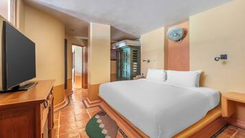 Une chambre d’hôtel avec un grand lit, un téléviseur posé sur une commode en bois, une porte verte et un ventilateur fixé au mur.