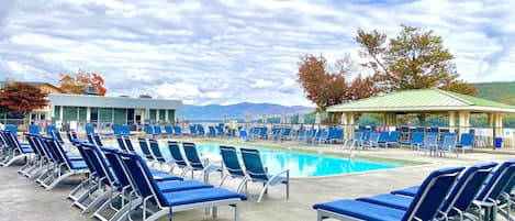 Seasonal outdoor pool, sun loungers