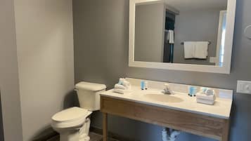 A modern bathroom with a toilet, sink, and mirror.
